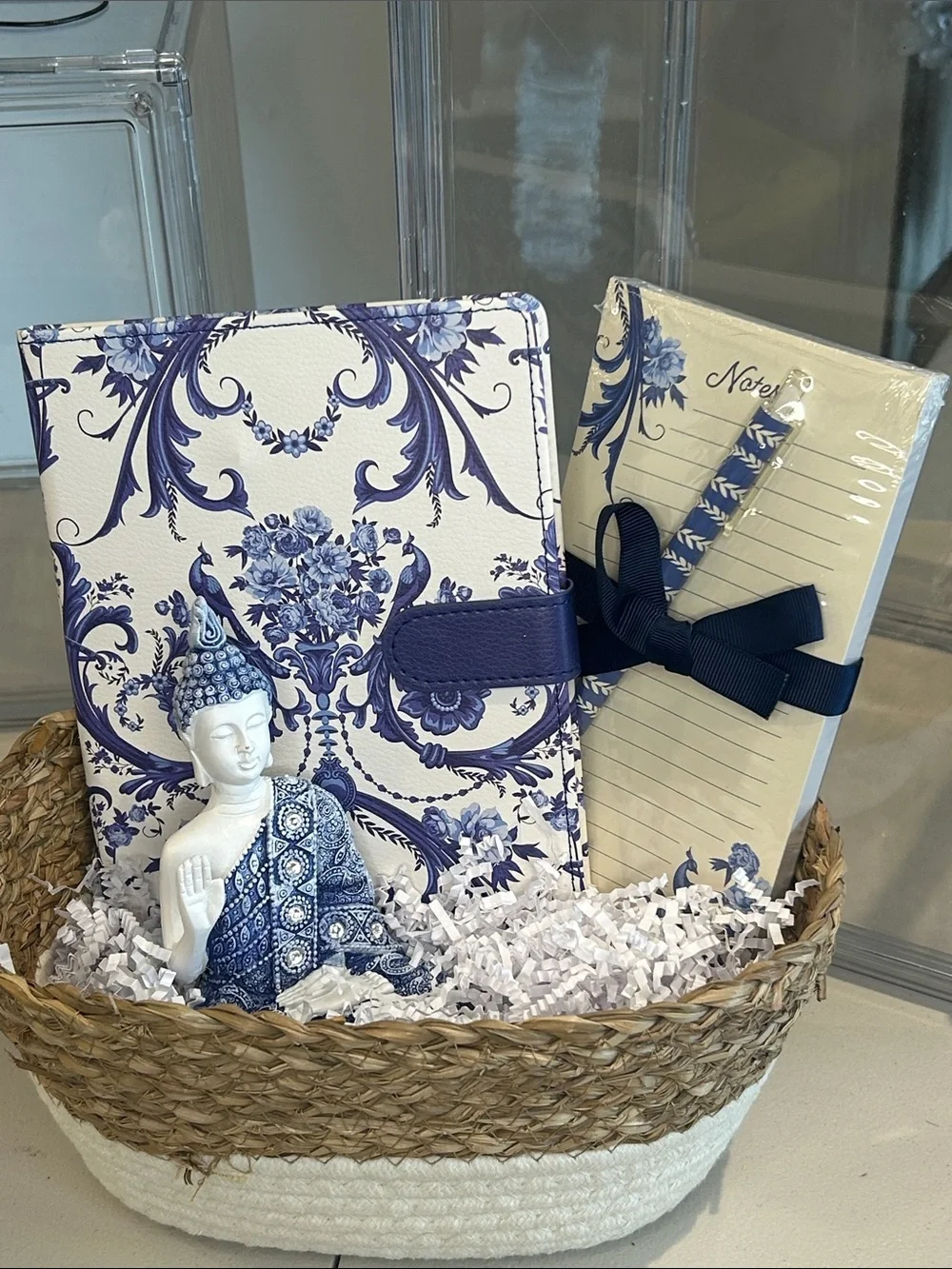 Basket of Peace with Blue & White Floral Journal and Notepad Set + Buddha New